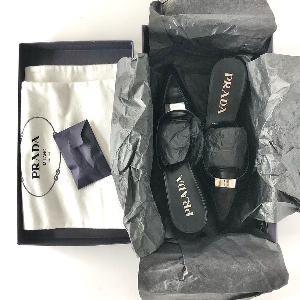NIB Prada Logo Plaque Black Pointed Toe Kitten Heel Mules Pumps 36.5 - Picture 9 of 10